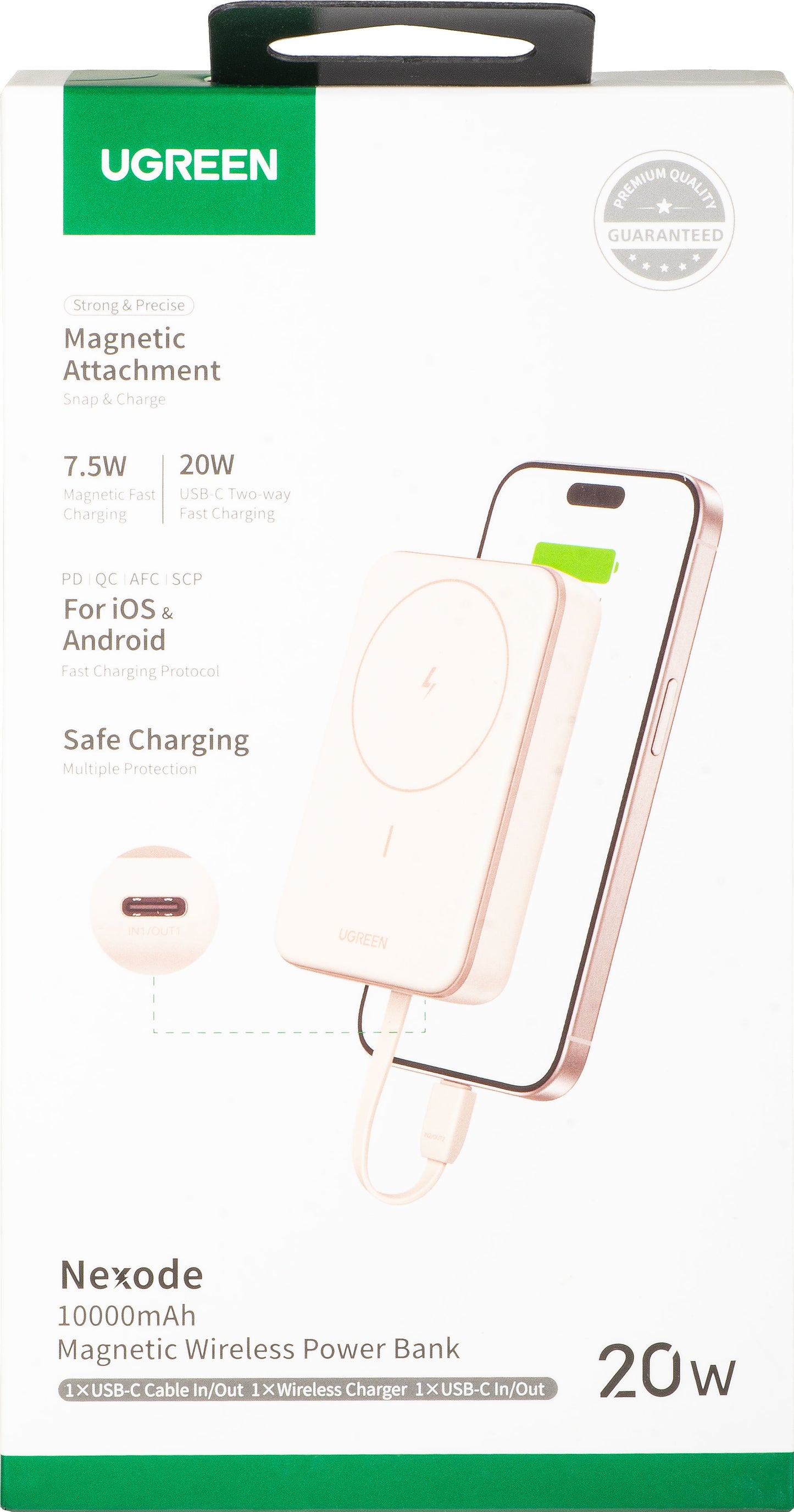 Batteria Esterna Wireless UGREEN PB760, 10000mAh, 20W, PD + FQI, 1 x QI - 1 x USB-C, Beige