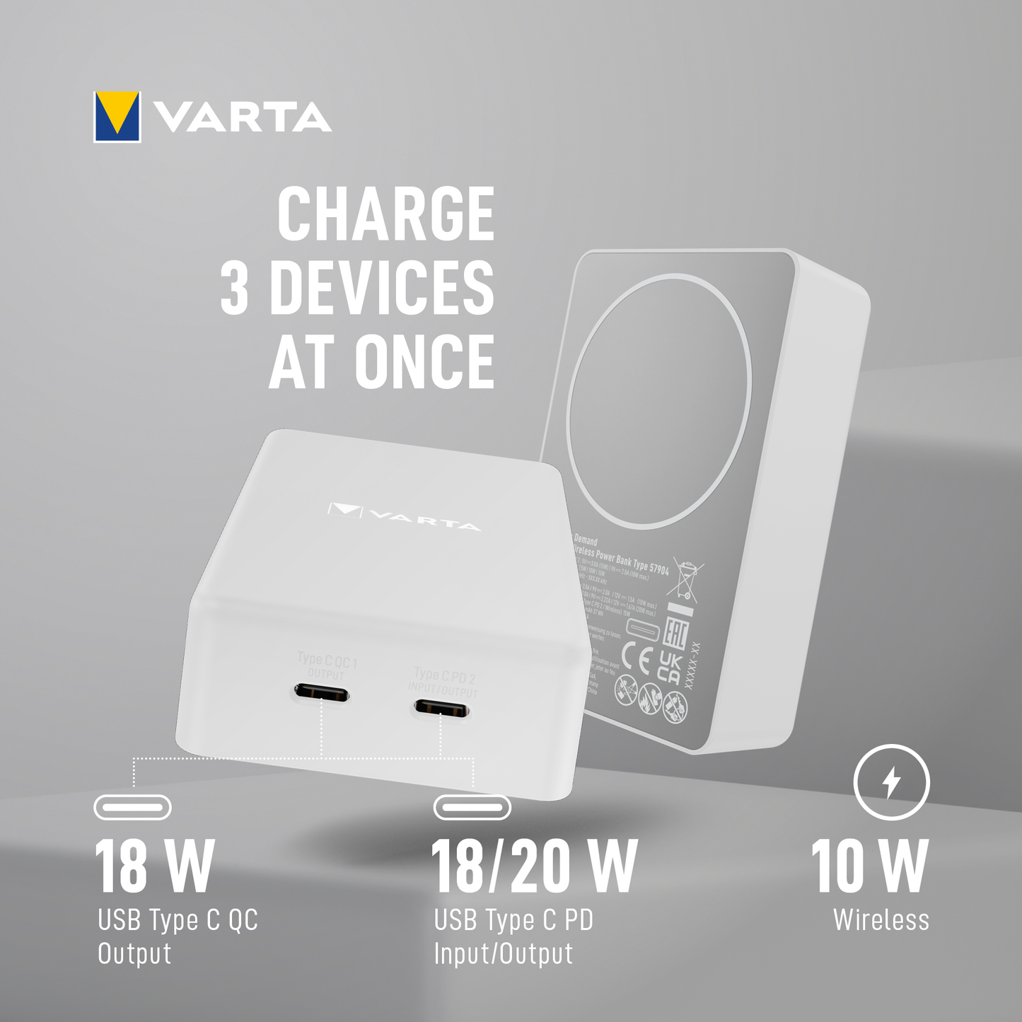 Batteria Esterna Wireless Varta Mag Pro, 10000mAh, 20W, 1 x QI - 2 x USB-C, Bianca