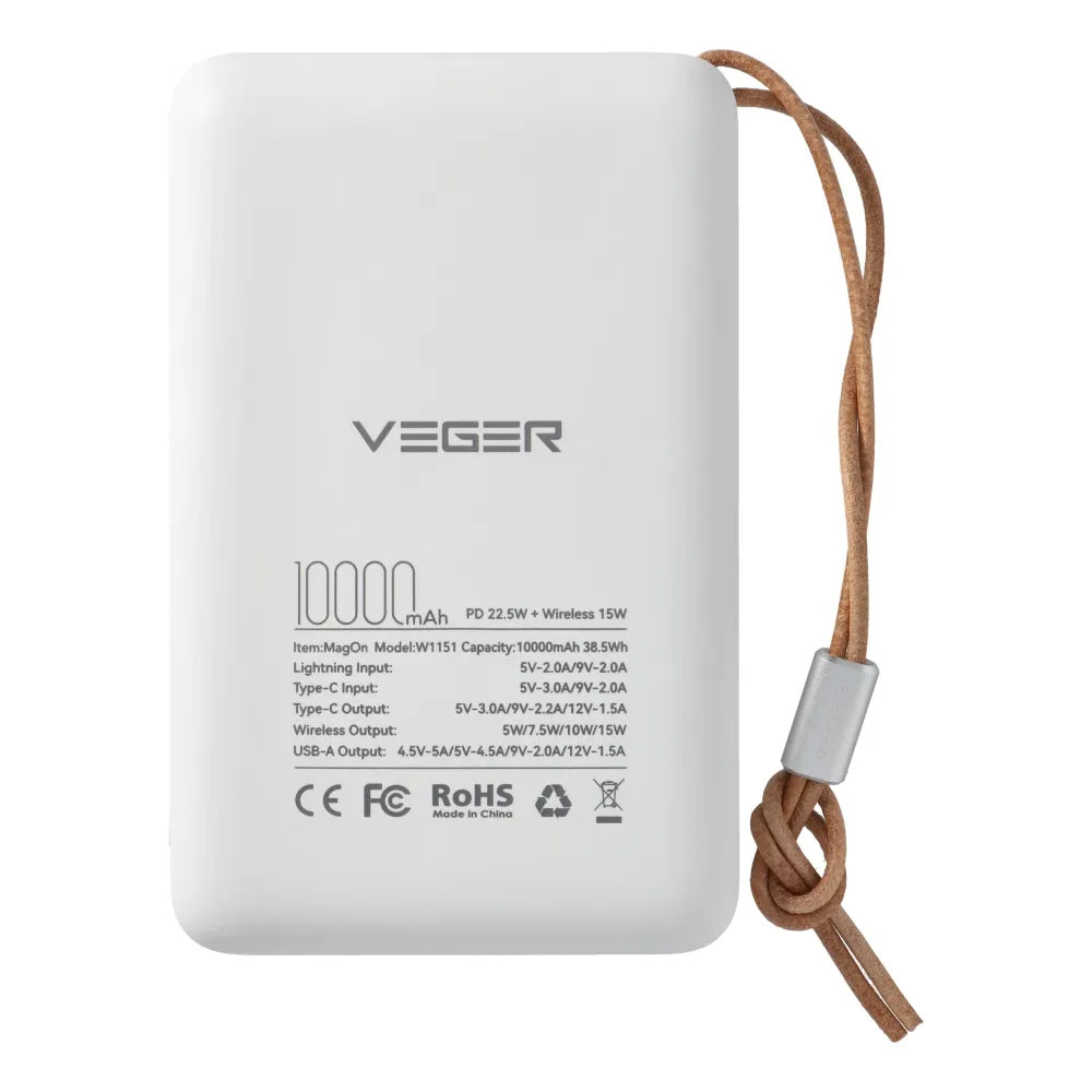 Veger VP1151 / W1151 Wireless External Battery, 10000mAh, 22.5W, QC + PD + FQI, 1 x QI - 1 x USB-A - 1 x USB-C, White