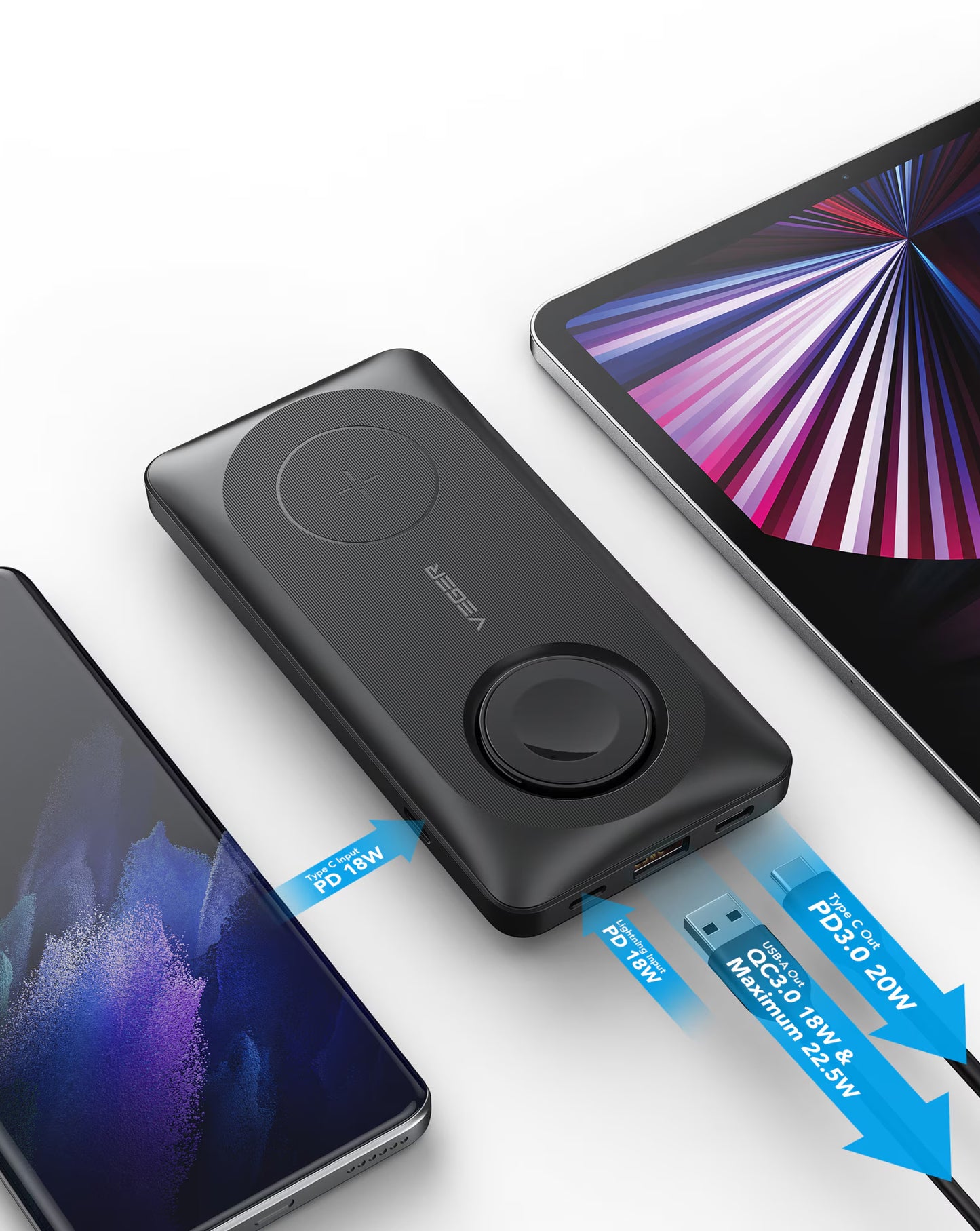 Veger MagMulti W1156 Wireless External Battery, 10000mAh, 22.5W, QC + PD + FQI, 2 x QI - 1 x USB-A - 1 x USB-C, Black