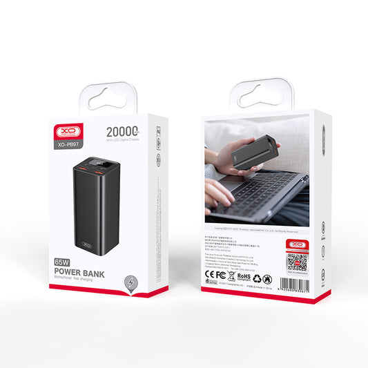 Batteria Esterna XO Design PB97, 20000mAh, 65W, QC + PD, 2 x USB-A - 2 x USB-C, Nera
