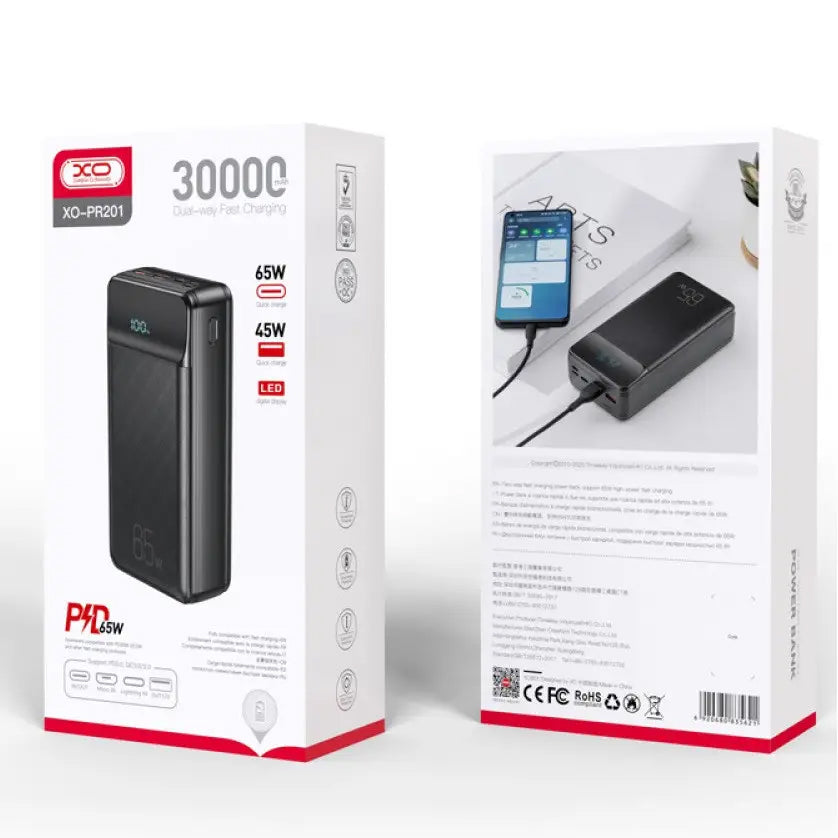 Batteria Esterna XO Design PR201, 30000mAh, 65W, QC + PD, 1 x USB-C - 2 x USB-A, Nera