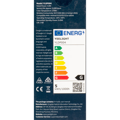 Lampadina LED Yeelight W1, Wi-Fi, GU10, 4.8W, 2700K, 350lm, Set 4 pezzi YLDP004