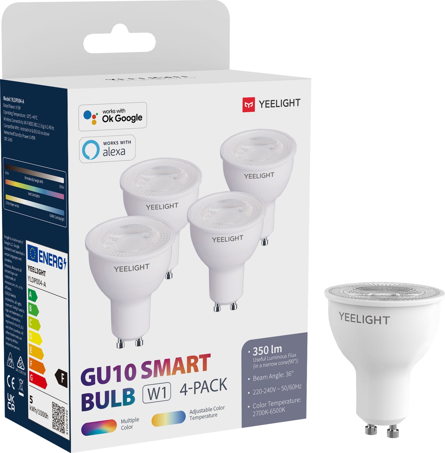 Lampadina LED Yeelight W1, Wi-Fi, GU10, 4.5W, 2700K - 6500K, 350lm, Set 4 pezzi, Multicolore YLDP004-A