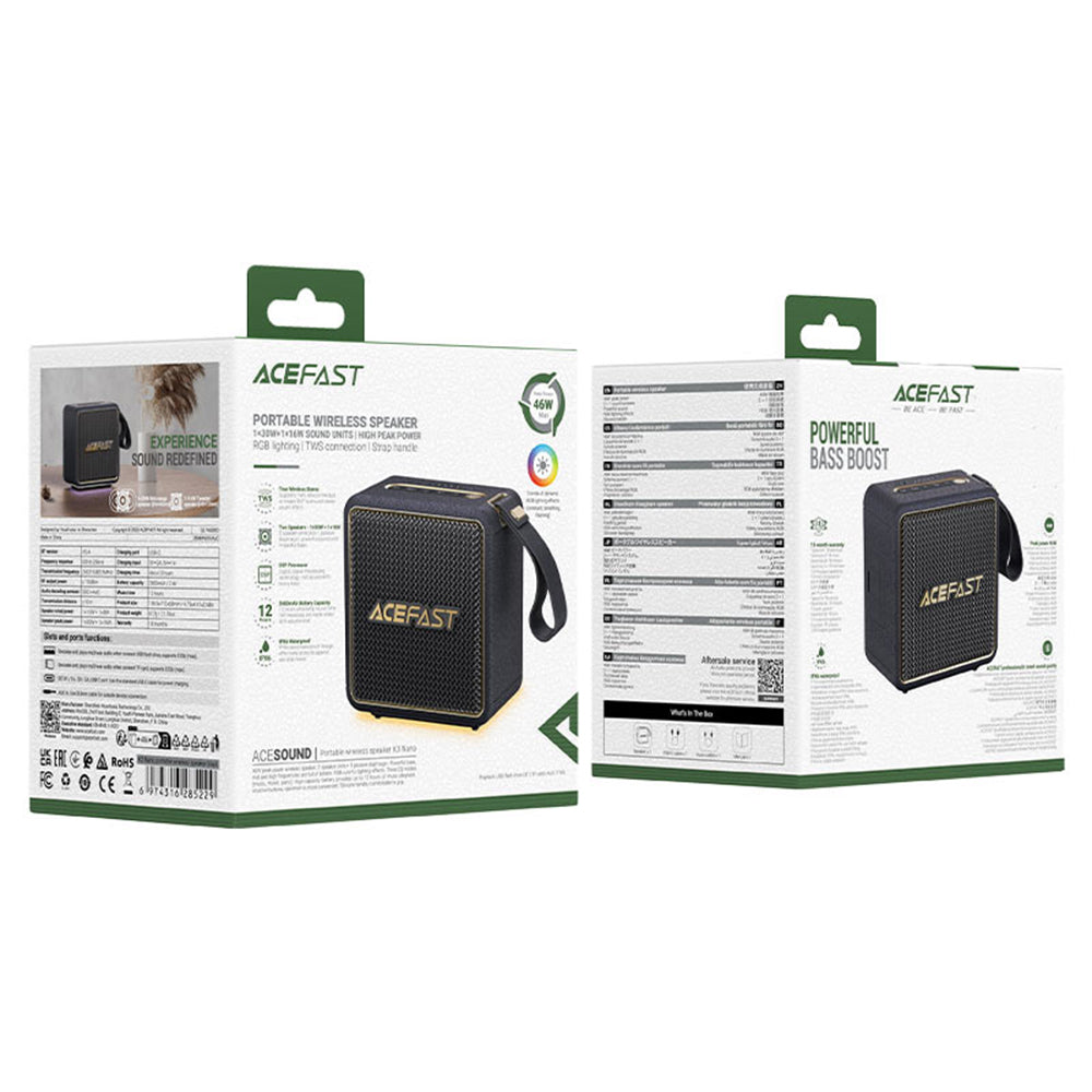 Cassa Portatile Bluetooth Acefast K3 Nano, 1 x 30W - 1 x 16W, RGB, Impermeabile, Nera