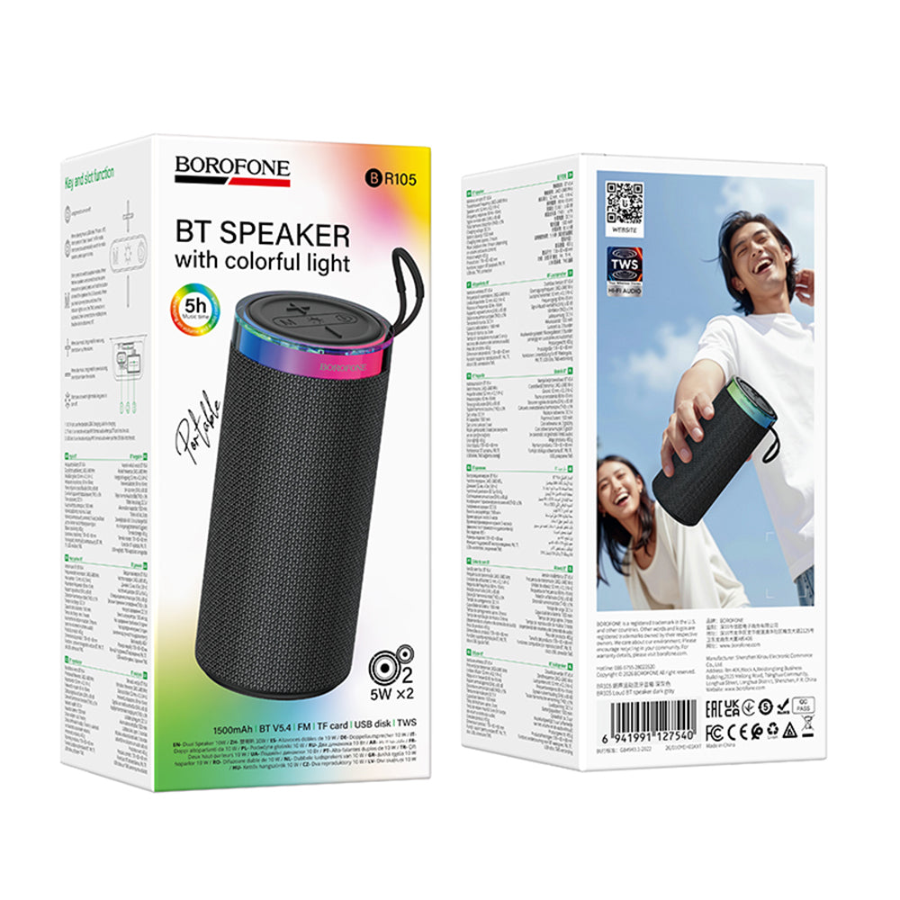 Cassa Portatile Bluetooth Borofone BR105 Loud, 10W, TWS, RGB, Grigio