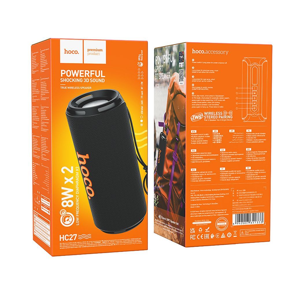 Cassa Portatile Bluetooth HOCO HC27, 2 x 8W, Nera