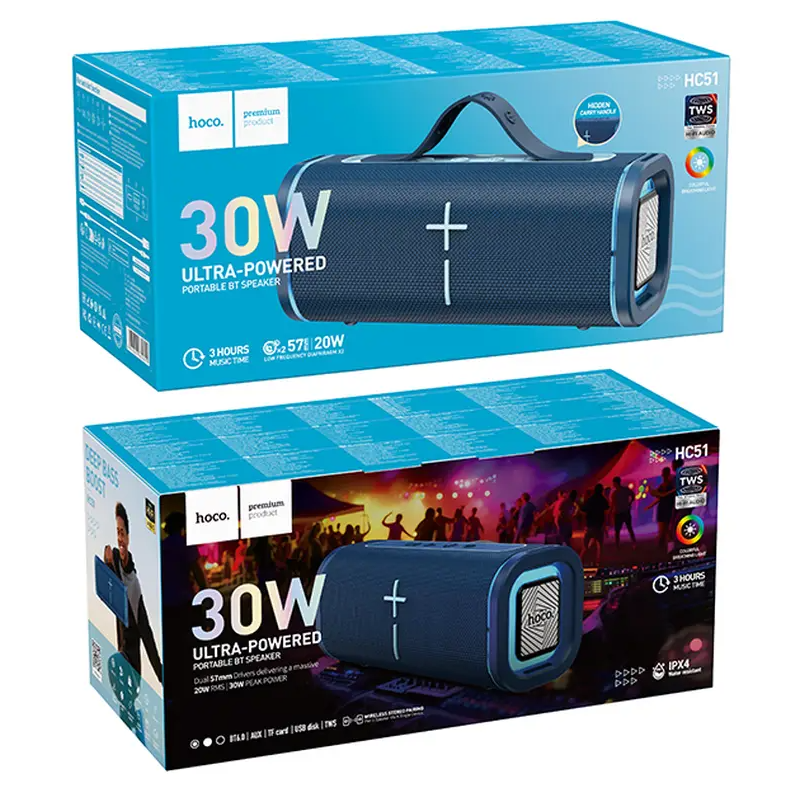 Cassa Portatile Bluetooth HOCO HC51, 30W, TWS, RGB, Blu