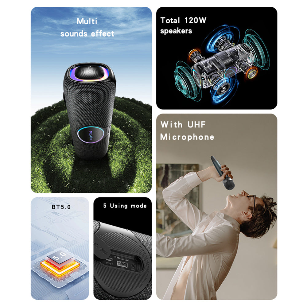 Cassa Bluetooth Yesido YSW21 Karaoke, 120W, RGB, Impermeabile, Nera