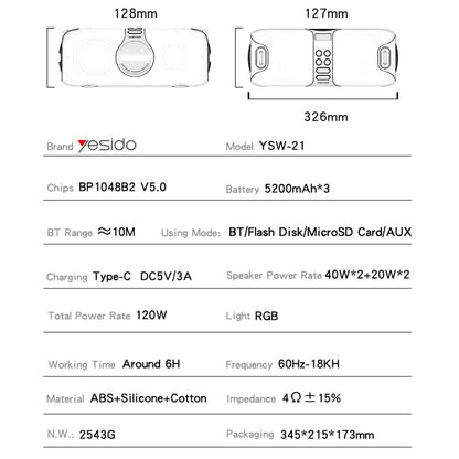 Cassa Bluetooth Yesido YSW21 Karaoke, 120W, RGB, Impermeabile, Nera