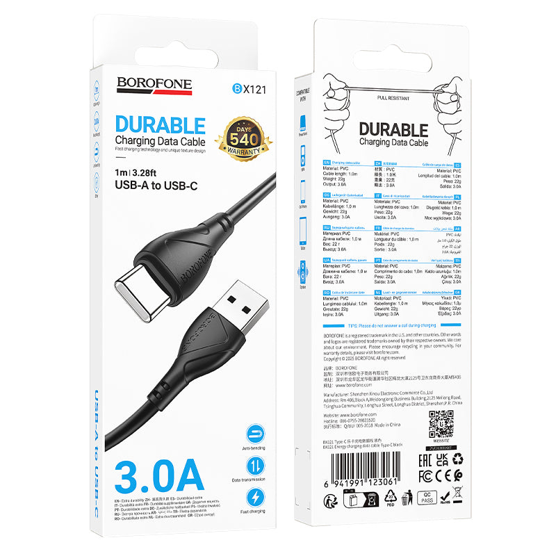 Cavo Dati e Ricarica USB-A - USB-C Borofone BX121 Energy, 18W, 1m, Nero