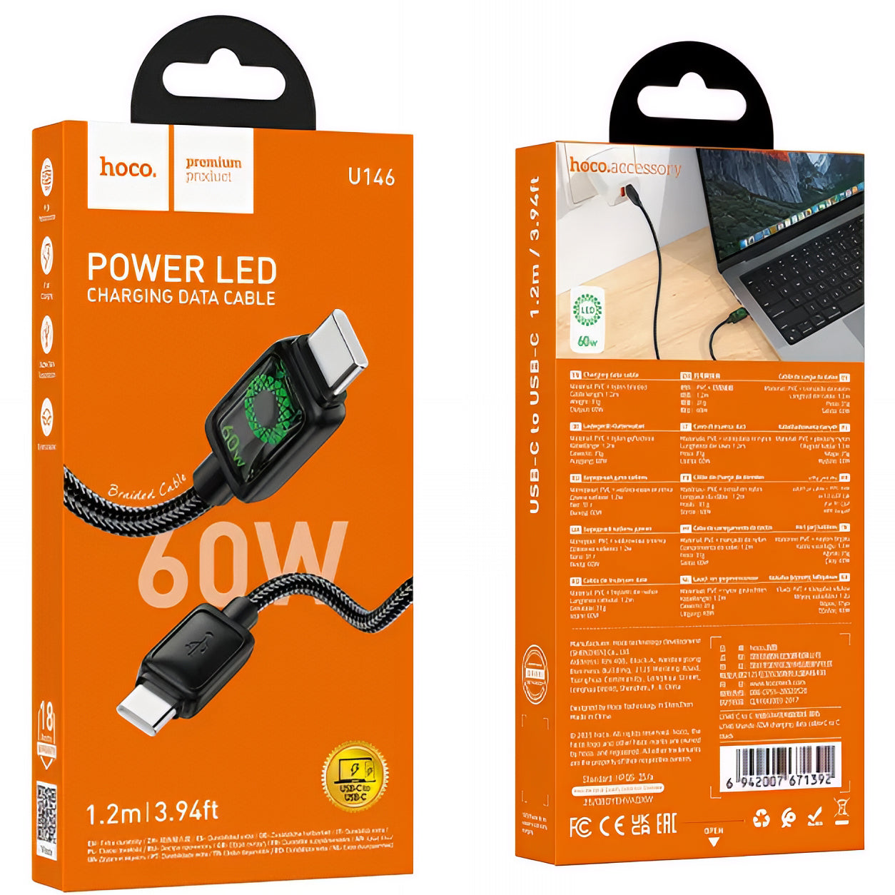 Cavo Dati e Ricarica USB-C - USB-C HOCO U146, 60W, 1.2m, Nero