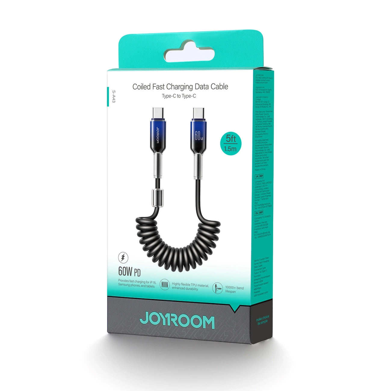 Cavo Dati e Ricarica USB-C - USB-C Joyroom S-A43 Crystal, 60W, 1.5m, Nero