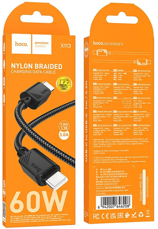 Cavo Dati e Ricarica USB-C - USB-C HOCO X113, 60W, 1m, Nero