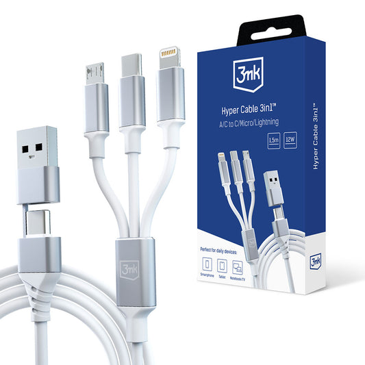 Cavo di Ricarica USB-A / USB-C - Lightning / microUSB / USB-C 3MK Hyper 3in1, 12W, 1.5m, Bianco