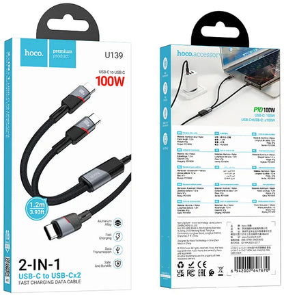 Cavo Dati e Ricarica USB-C - 2 x USB-C HOCO U139 2in1, 100W, 1.2m, Nero