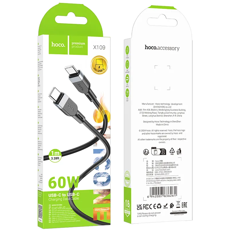 Cavo Dati e Ricarica USB-C - USB-C HOCO X109, 60W, 1m, Nero
