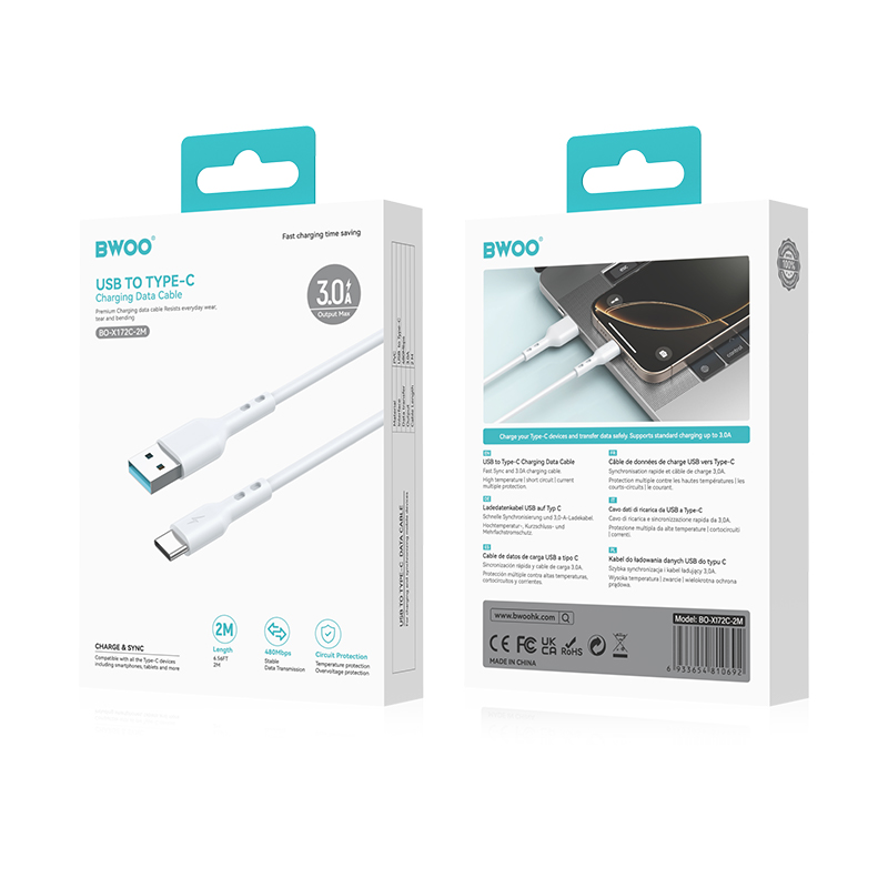 USB-A to USB-C Data and Charging Cable BWOO BO-X172C-2M, 15W, 2m, White