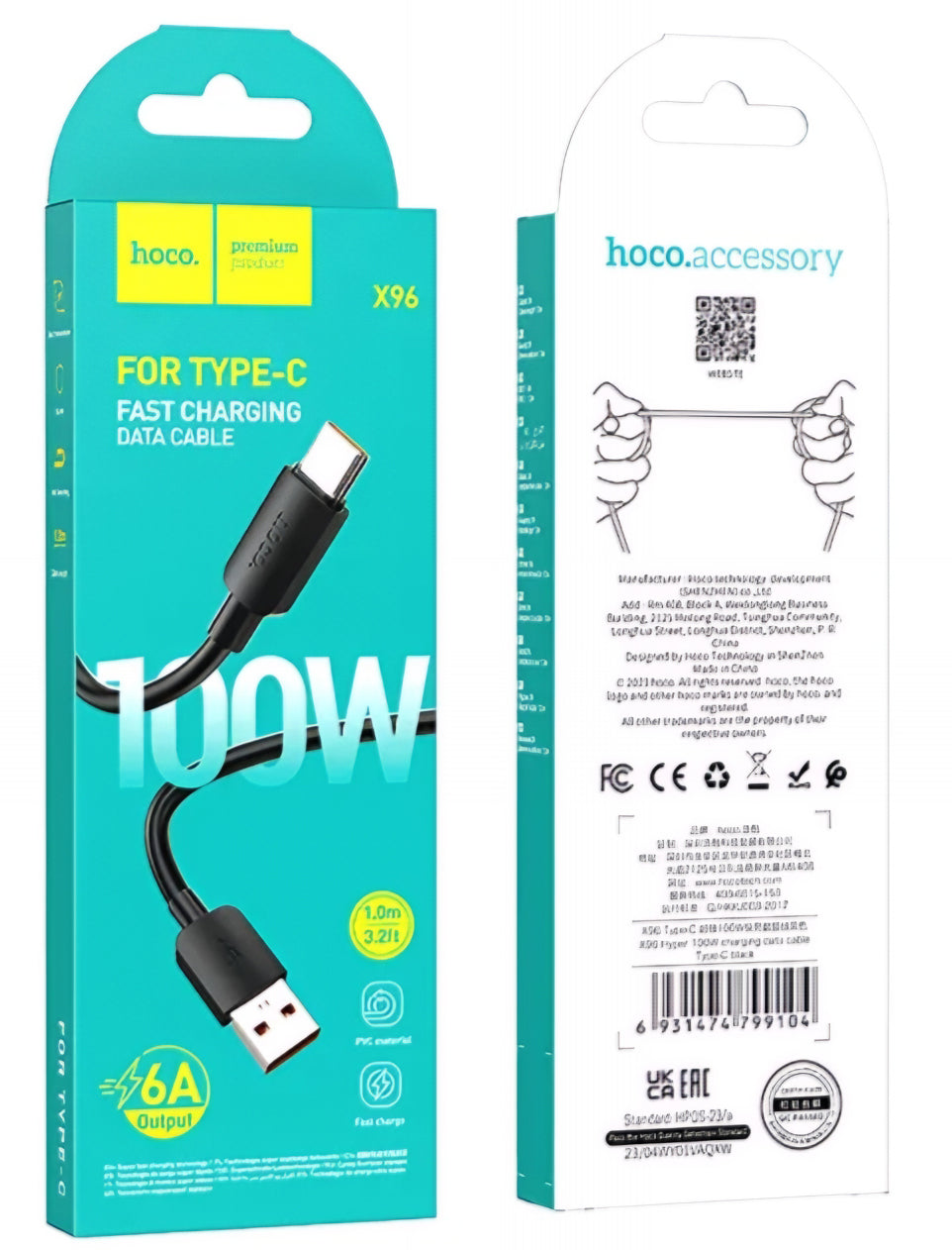 Cavo dati e ricarica USB-A - USB-C HOCO X96, 100W, 1m, nero 