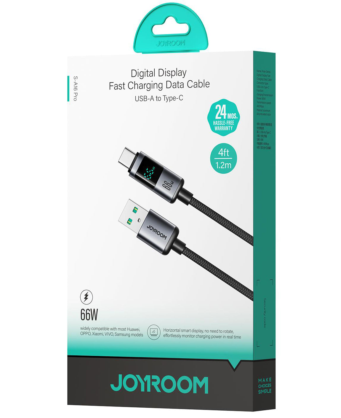 Cavo Dati e Ricarica USB-A - USB-C Joyroom S-A16 Pro Prism Display, 66W, 1.2m, Nero