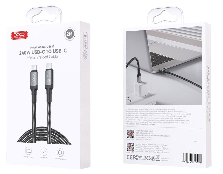 Cavo Dati e Ricarica USB-C - USB-C XO Design NB-Q264B, 240W, 2m, Nero