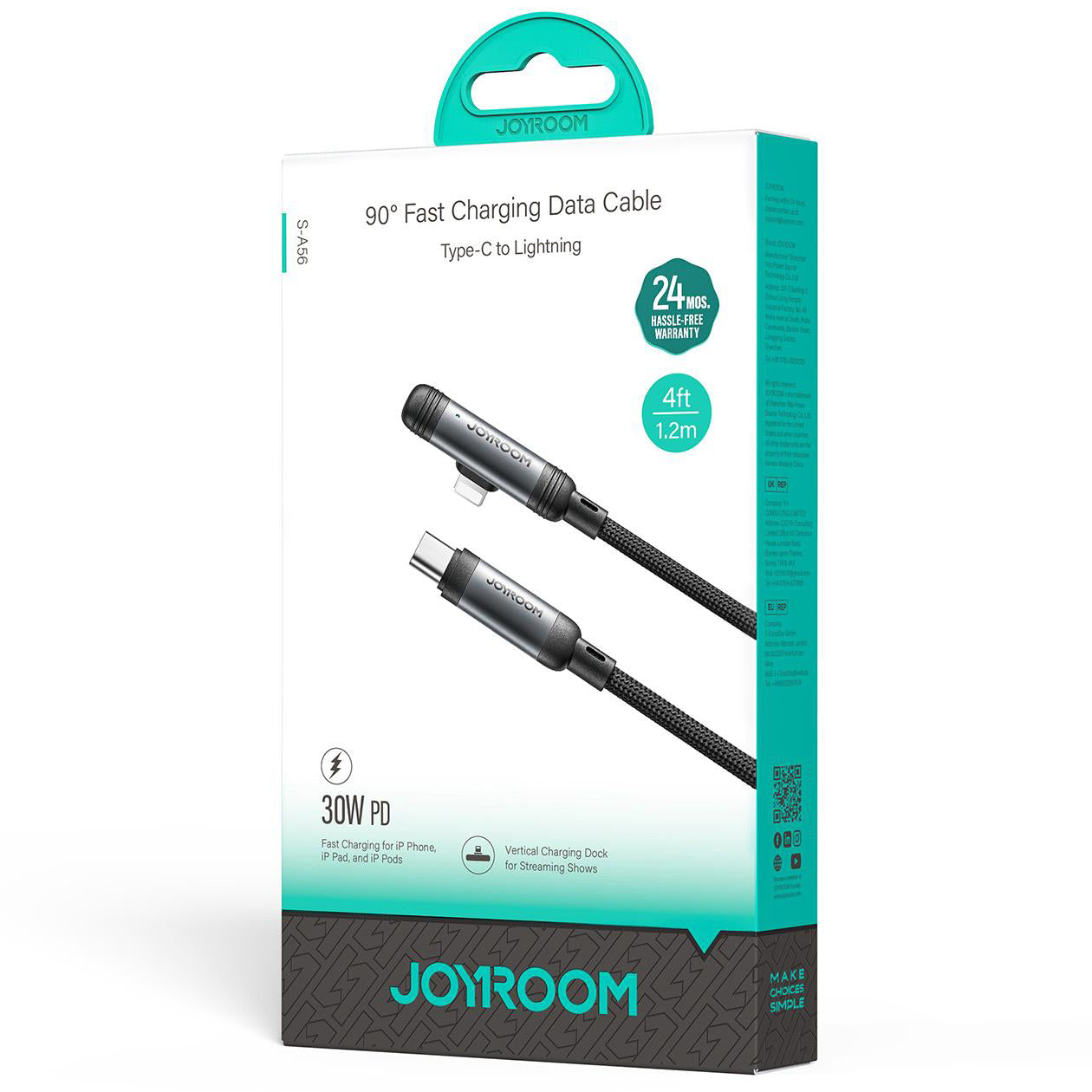 Cavo Dati e Ricarica USB-C - Lightning Joyroom S-A56 EnjoyX Angled, 30W, 1.2m, Nero