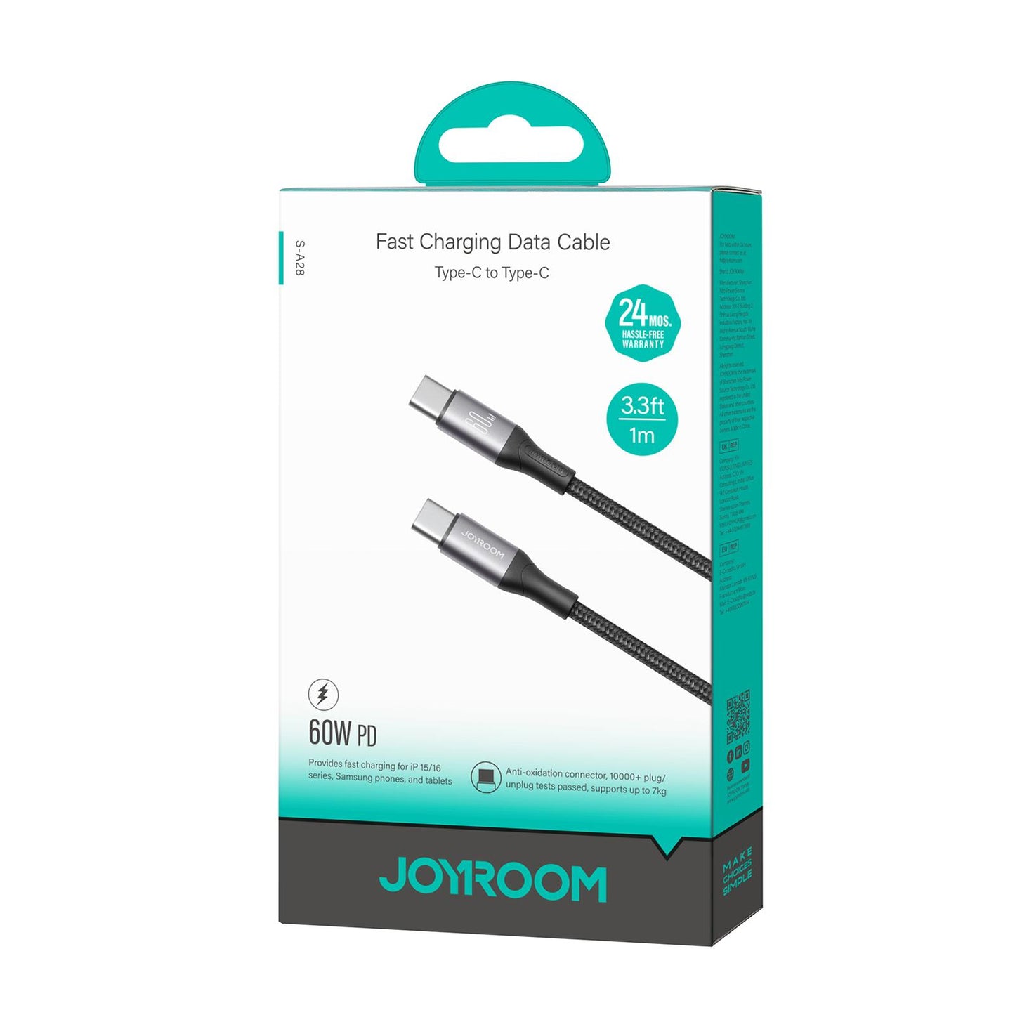 Cavo Dati e Ricarica USB-C - USB-C Joyroom S-A28 Flash, 60W, 1m, Nero