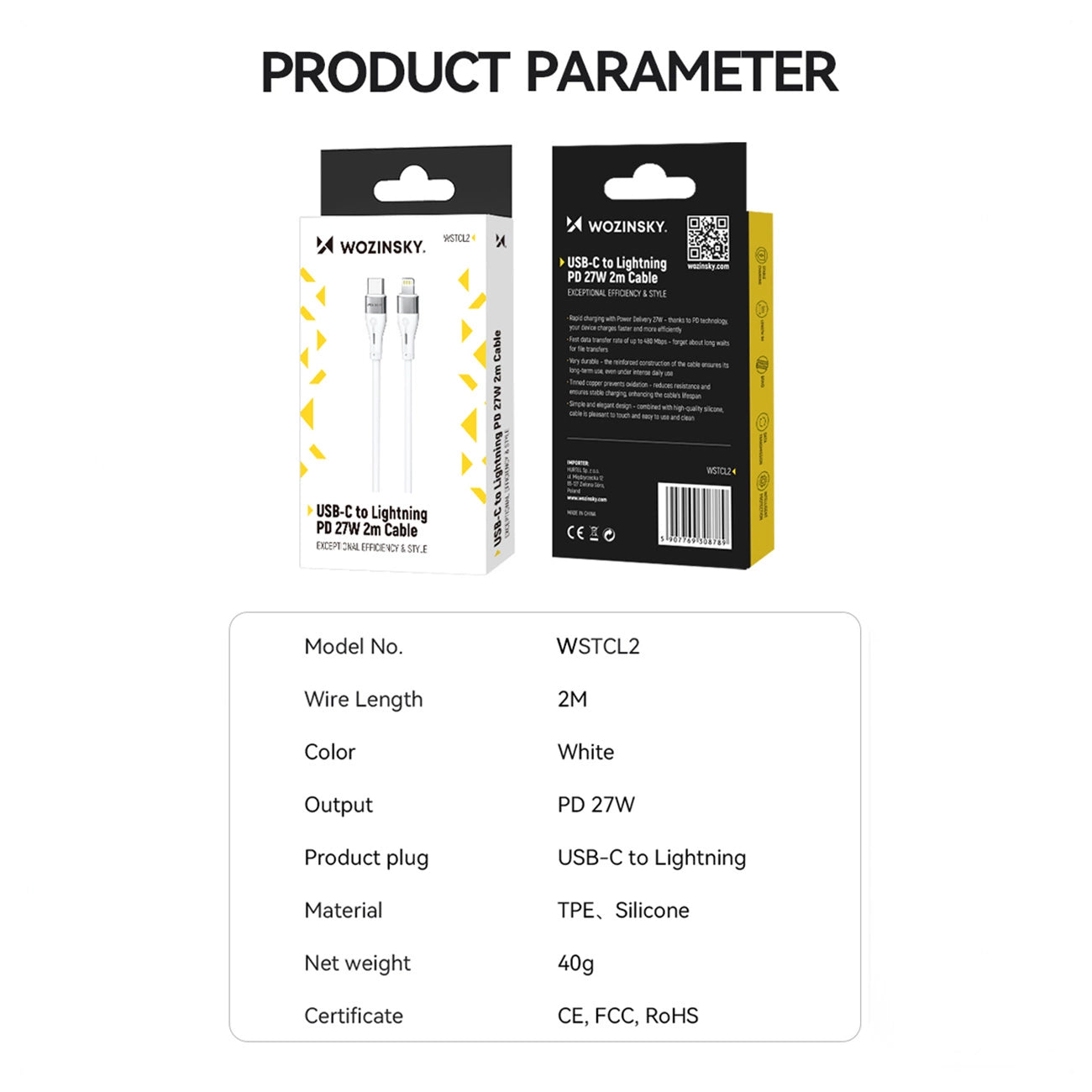 Cavo Dati e Ricarica USB-C - Lightning WZK WSTCL1, 27W, 1m, Bianco
