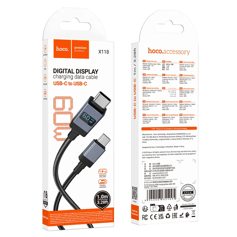 Cavo Dati e Ricarica USB-C - USB-C HOCO X118 Display, 60W, 1m, Nero