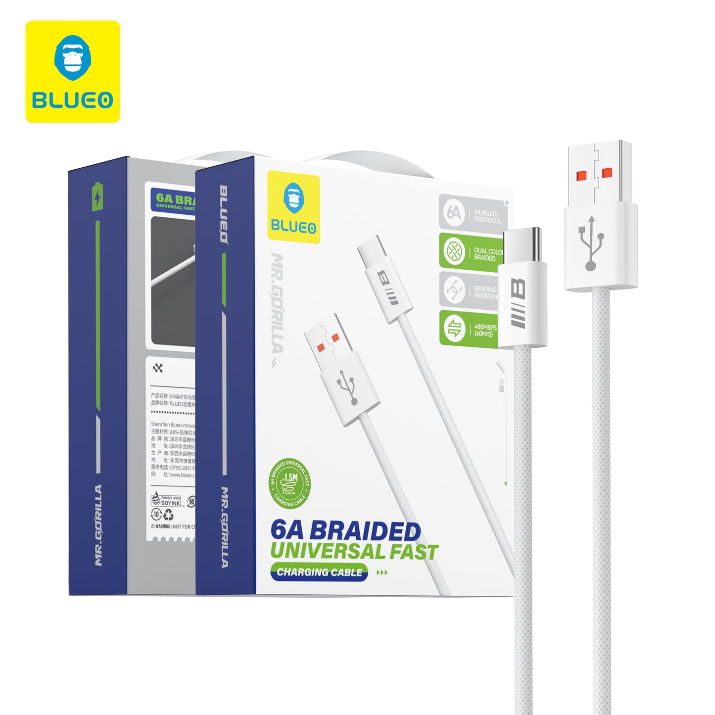 Cavo Dati e Ricarica USB-A - USB-C Blueo, 18W, 1.5m, Bianco