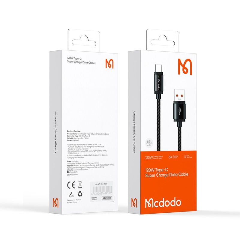 Cavo Dati e Ricarica USB-A - USB-C McDodo CA-4730, 120W, 1.5m, Nero