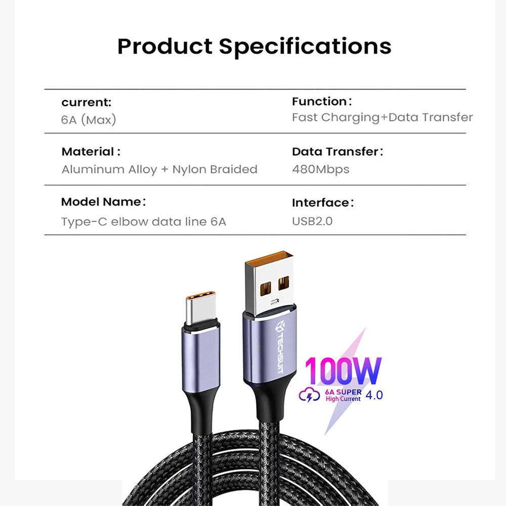 Cavo Dati e Ricarica USB-A - USB-C Techsuit PCB018, 100W, 1m, Nero