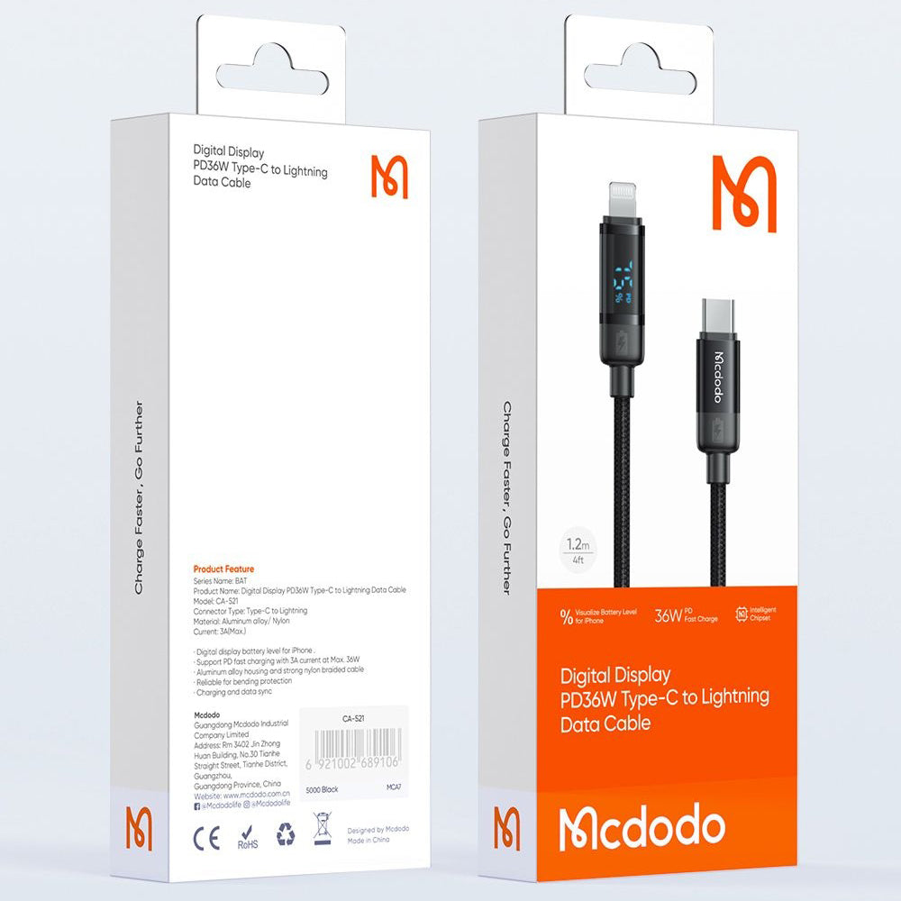 Cavo Dati e Ricarica USB-C - Lightning McDodo CA-5210 Bat Display, 36W, 1.2m, Nero