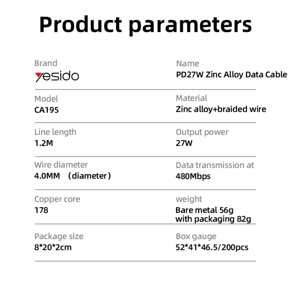 Cavo Dati e Ricarica USB-C - Lightning Yesido CA195, 27W, 1.2m, Nero