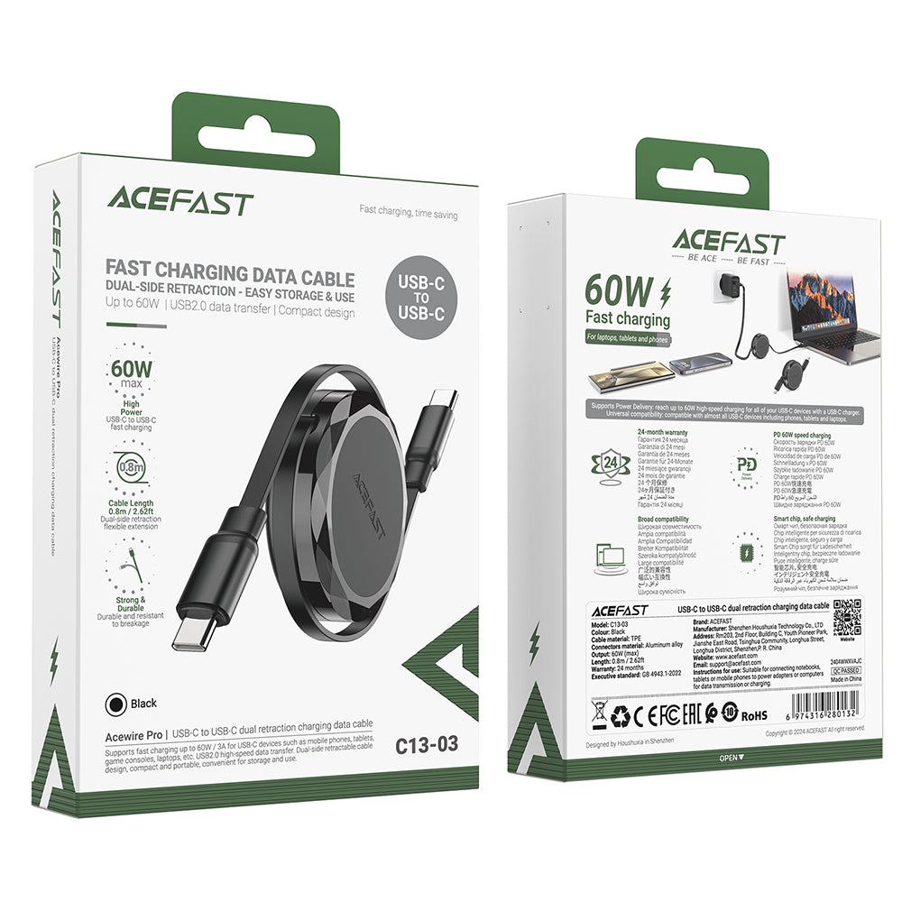 Cavo Dati e Ricarica USB-C - USB-C Acefast C13-03, 60W, 0.8m, Nero