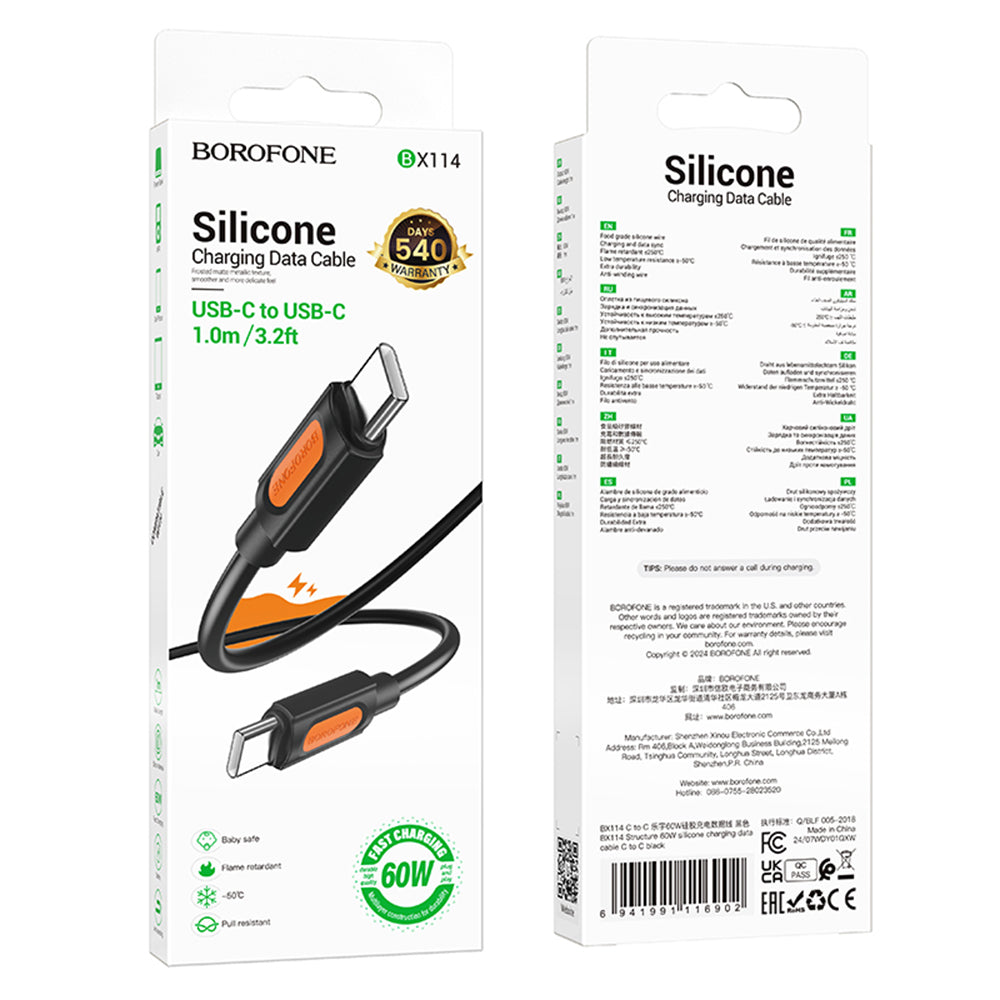Cavo Dati e Ricarica USB-C - USB-C Borofone BX114 Silicone, 60W, 1m, Nero