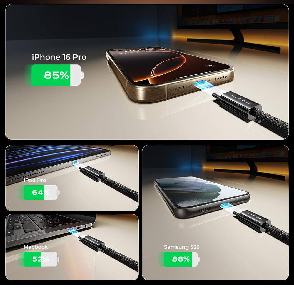 Cavo Dati e Ricarica USB-C - USB-C Lisen, 60W, Set 5 pezzi (2 x 1m, 2 x 2m, 1 x 3m), Nero YL0123070010