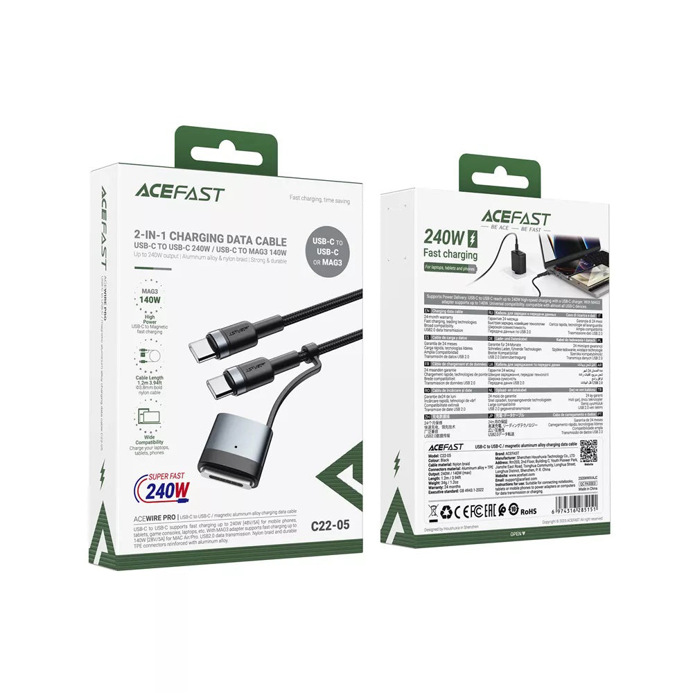 Cavo di Ricarica Acefast, USB-C - USB-C / MagSafe 3, 240W, 1.2m, Nero