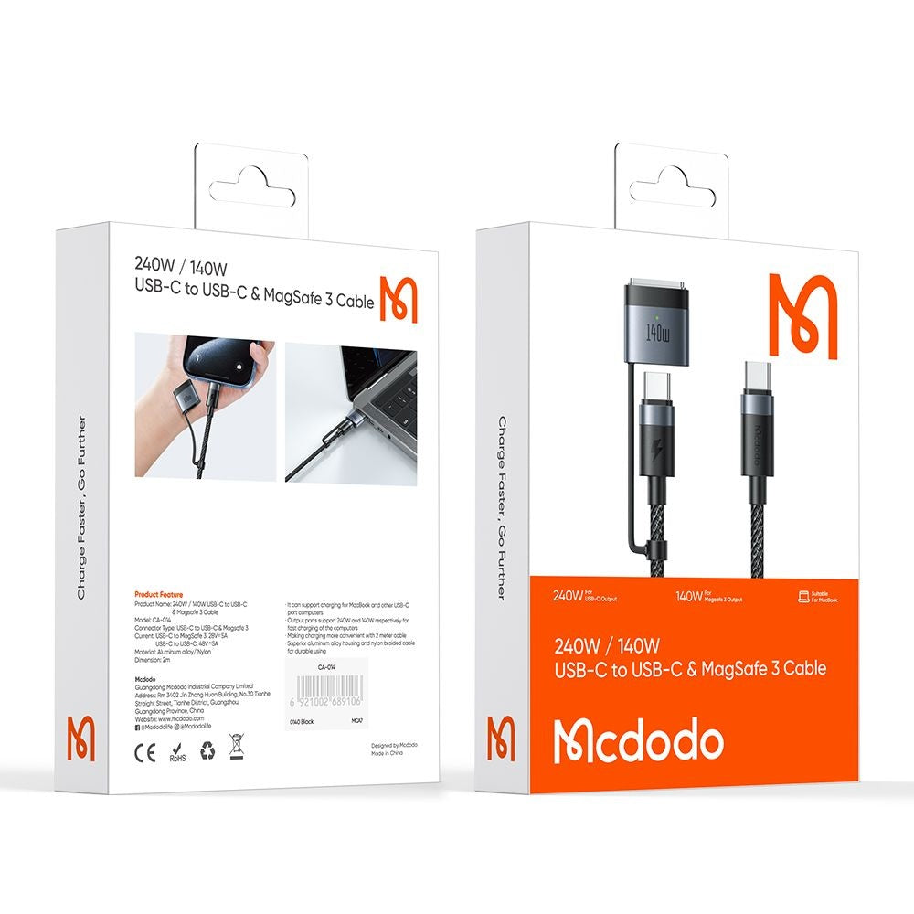 Cavo di Ricarica McDodo CA-0140, USB-C - USB-C / MagSafe 3, 240W, 2m, Nero