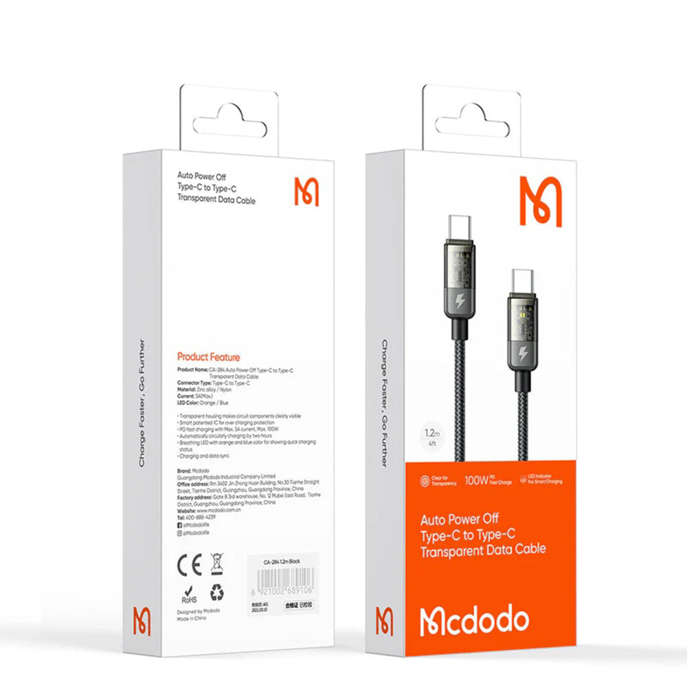 Cavo Dati e Ricarica USB-C - USB-C McDodo CA-2840 Auto Power Off, 100W, 1.2m, Nero