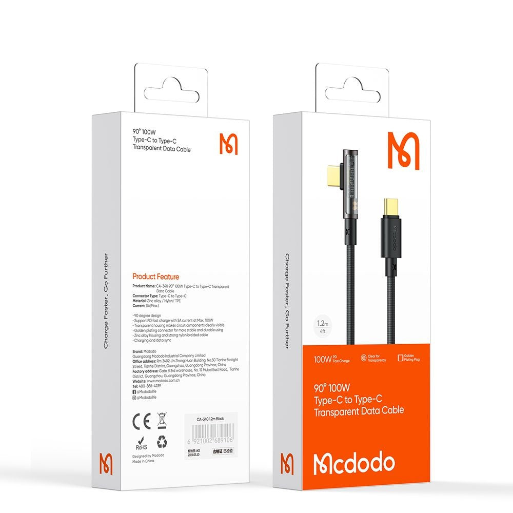 Cavo Dati e Ricarica USB-C - USB-C McDodo CA-3400 Angled, 100W, 1.2m, Nero