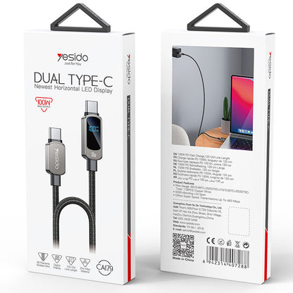 Cavo Dati e Ricarica USB-C - USB-C Yesido CA179 Display, 100W, 1.2m, Nero