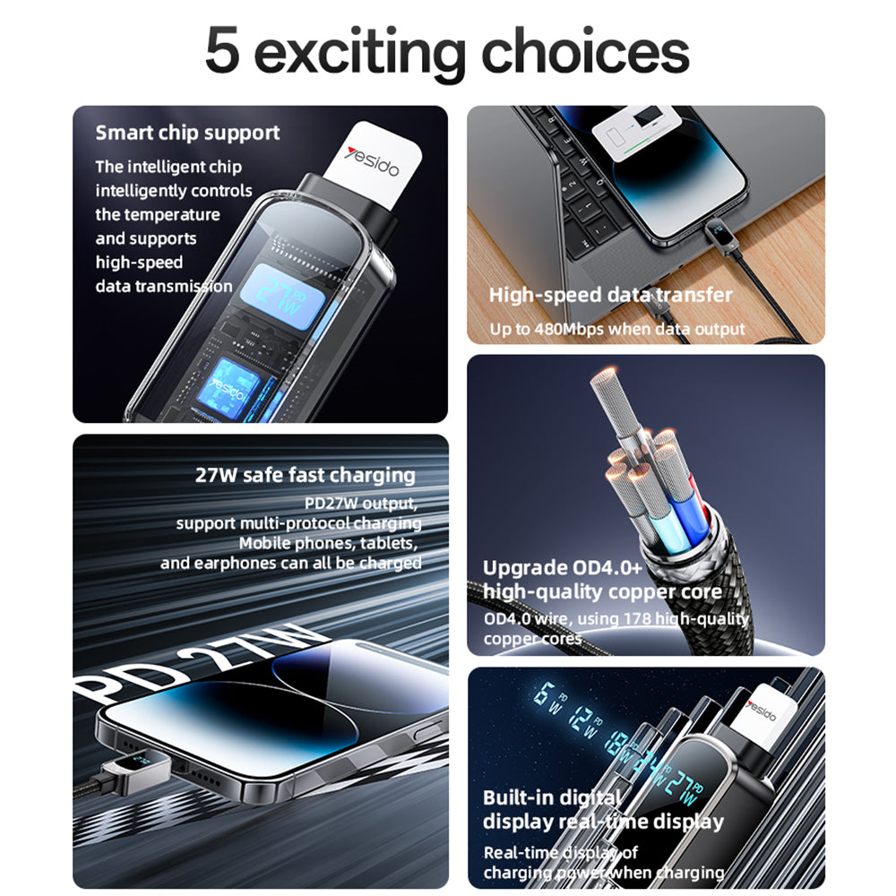 Cavo Dati e Ricarica USB-C - USB-C Yesido CA180 Display, 27W, 1.2m, Nero