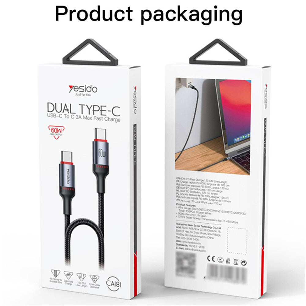 Cavo Dati e Ricarica USB-C - USB-C Yesido CA181, 60W, 1.2m, Nero