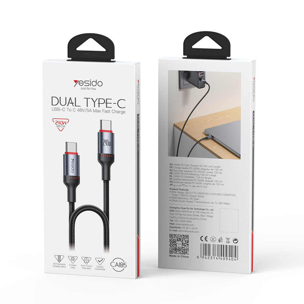 Cavo Dati e Ricarica USB-C - USB-C Yesido CA185, 240W, 1.2m, Nero