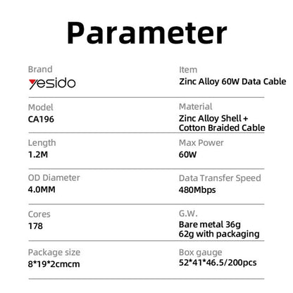 Cavo Dati e Ricarica USB-C - USB-C Yesido CA196, 60W, 1.2m, Nero