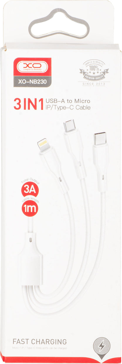 Cavo di Ricarica USB-A - Lightning / microUSB / USB-C XO Design NB230 3in1, 20W, 1m, Bianco