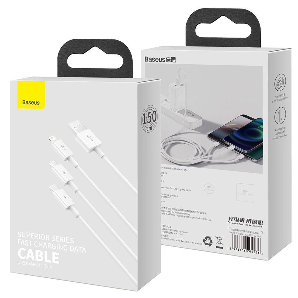 USB-A Charging Cable - Lightning / microUSB / USB-C Baseus Superior 3in1 Series, 20W, 1m, White P10320105221-00
