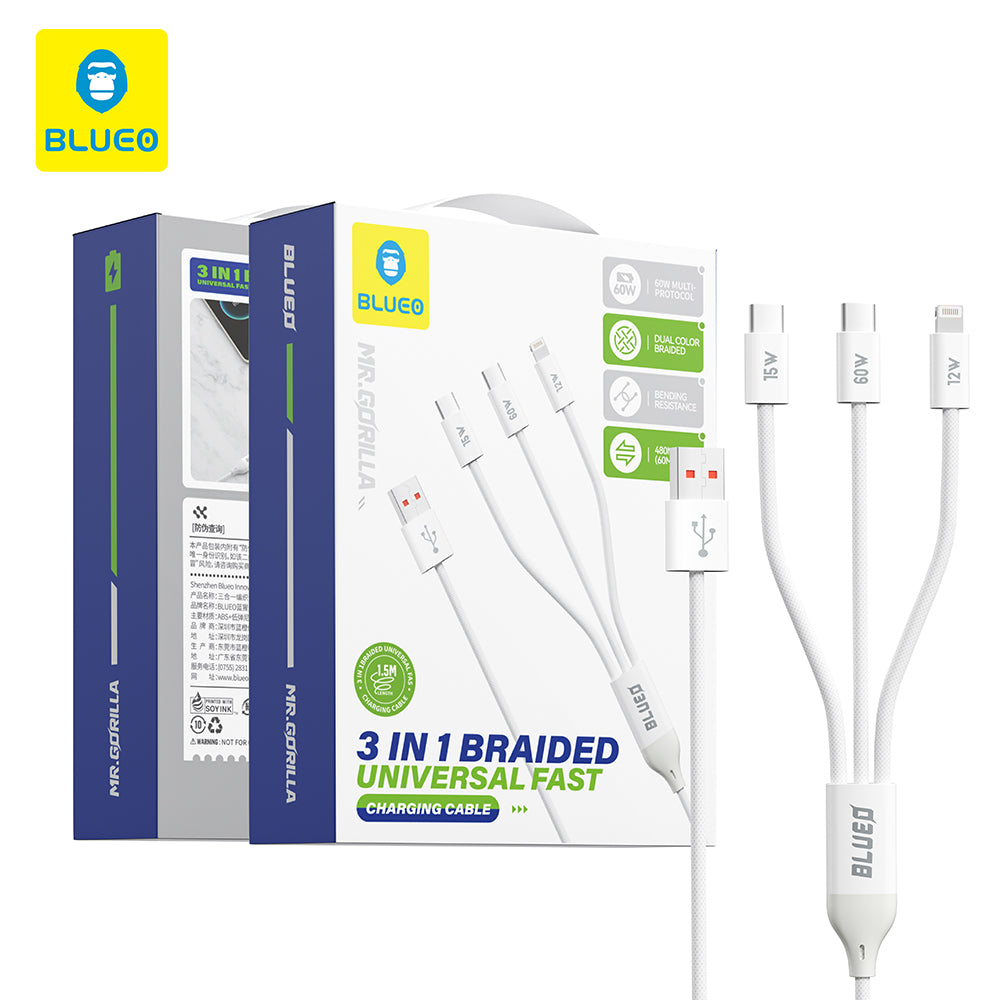 Cavo di Ricarica USB-A - Lightning / 2 x USB-C Blueo, 75W, 1.2m, Bianco