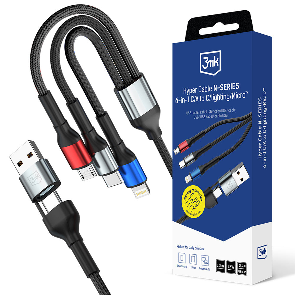 Cavo di Ricarica USB-A / USB-C - Lightning / microUSB / USB-C 3MK Hyper N, 18W, 1.2m, Nero